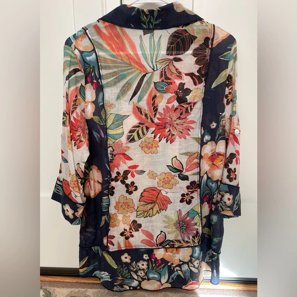 Floral patchwork blouse button down shirt tunic tropical Signals Funsport medium